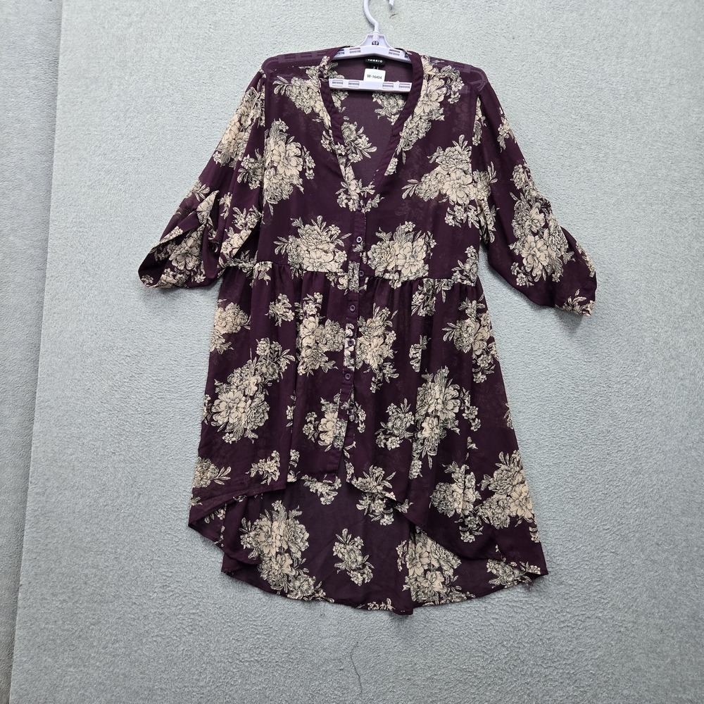Torrid Women Blouse 2 Purple Floral Lexie Chiffon Hi Low Hem Sheer‎ Button Up